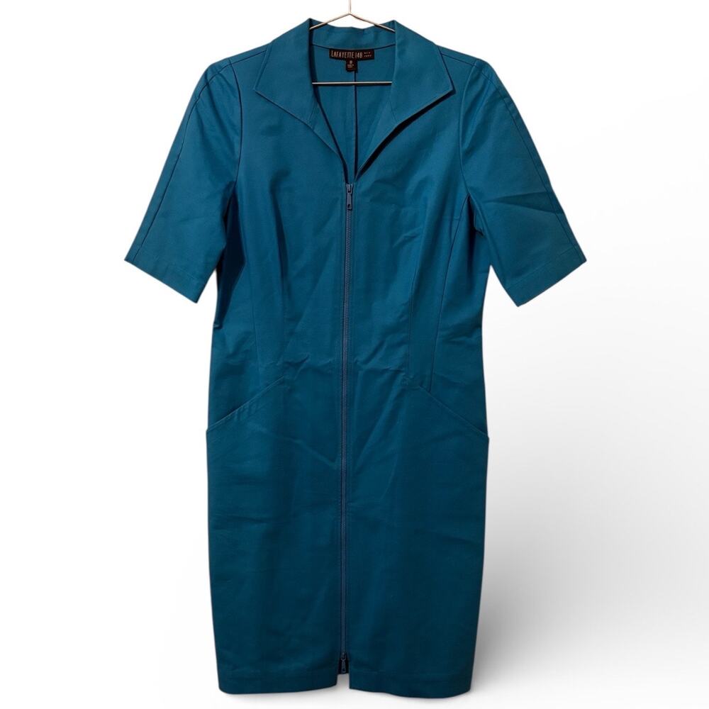 Lafayette 148 New York Teal Short Sleeve Full Zipper Front Sheath Dress 10